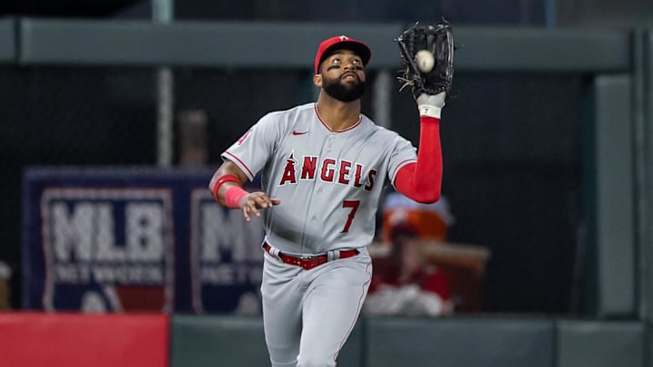 Sep 22, 2023; Minneapolis, Minnesota, USA; Los Angeles Angels center fielder Jo Adell (7) makes the