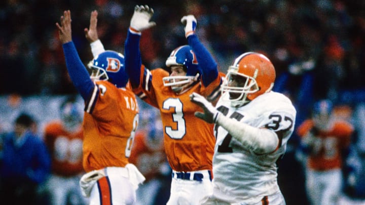 Jan 11, 1987; Cleveland, OH, USA; FILE PHOTO; Denver Broncos kicker (3) Rich Karlis kicks the game winning field goal in overtime against the Cleveland Browns during the 1986 AFC Championship Game at Cleveland Stadium. The Broncos defeated the Browns 23-20. 
