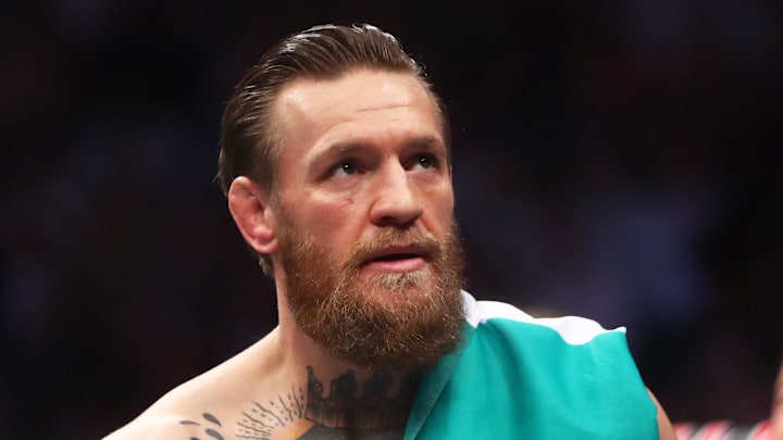 January 18, 2020; Las Vegas, Nevada, USA; Conor McGregor holds an Irish flag as he celebrates his