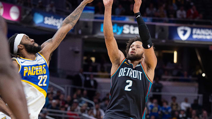 Nov 24, 2025; Indianapolis, Indiana, USA; Detroit Pistons guard Cade Cunningham (2) shoots the ball while Indiana Pacers forward Isaiah Jackson (22) defends in the second half at Gainbridge Fieldhouse. Mandatory Credit: Trevor Ruszkowski-Imagn Images