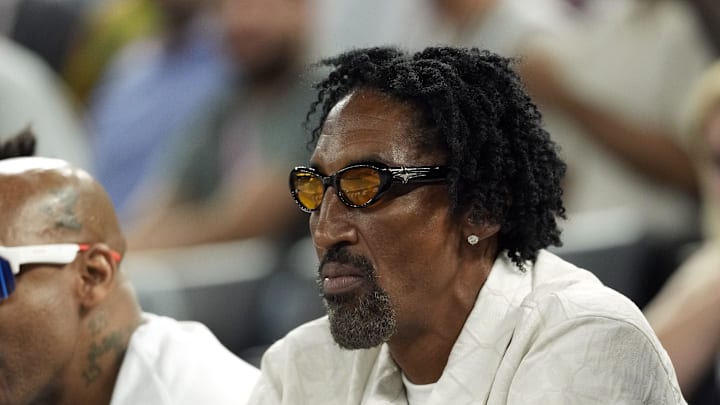 Scottie Pippen looks on in the first quarter between the United States and France in the men's basketball gold medal game during the Paris 2024 Olympic Summer Games at Accor Arena. 