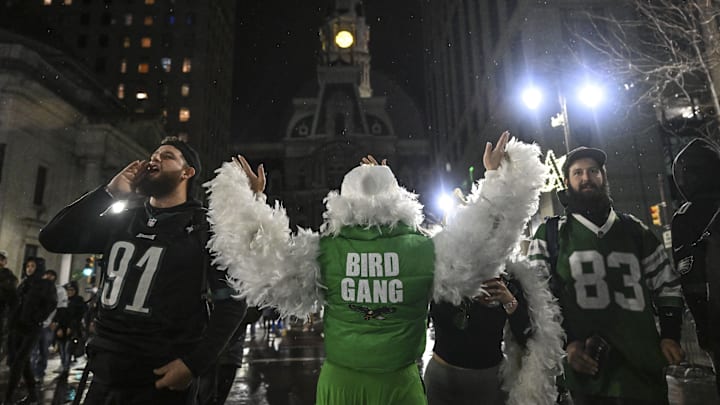 Eagles fans in Philadelphia take to the streets after loss to Kansas City Chiefs in Super Bowl...