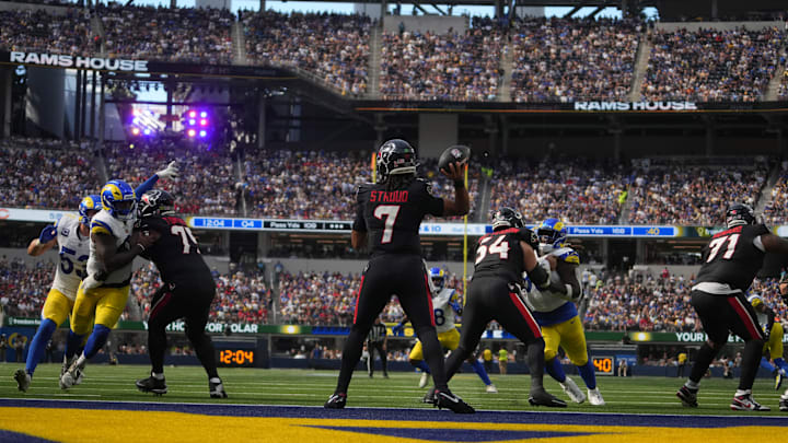 Sep 7, 2025; Inglewood, California, USA; A general overall view as Houston Texans quarterback C.J. Stroud (7) throws the ball against the Los Angeles Rams at SoFi Stadium. Mandatory Credit: Kirby Lee-Imagn Images