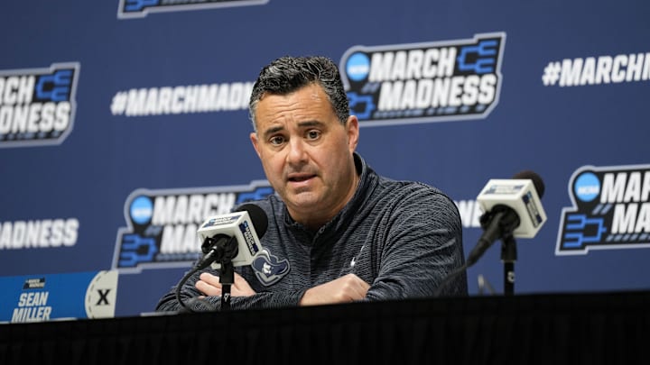 Mar 20, 2025; Milwaukee, WI, USA;  Xavier Musketeers head coach Sean Miller speaks during an NCAA Tournament First Round Practice press conference at Fiserv Forum. Mandatory Credit: Jeff Hanisch-Imagn Images