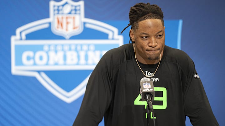 Mar 1, 2025; Indianapolis, IN, USA; University of Georgia offensive lineman Jared Wilson (OL49) answers questions at a press conference during the 2025 NFL Combine at Indiana Convention Center. Mandatory Credit: Jacob Musselman-Imagn Images