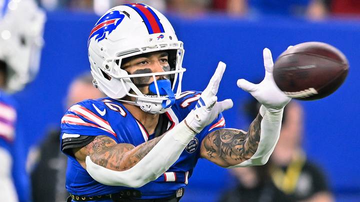 Buffalo Bills wide receiver Khalil Shakir warms up before a game against the Detroit Lions at New Highmark Stadium. Buffalo Bills wide receiver Khalil Shakir warms up before a game against the Detroit Lions at New Highmark Stadium.