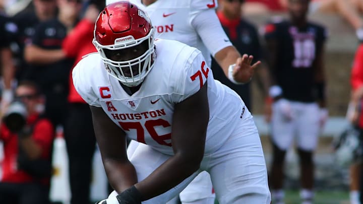 Sep 10, 2022; Lubbock, Texas, USA; Houston Cougars offensive lineman Patrick Paul (76) prepares to Sep 10, 2022; Lubbock, Texas, USA; Houston Cougars offensive lineman Patrick Paul (76) prepares to