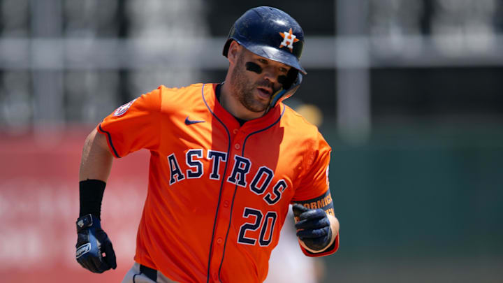 Jul 24, 2024; Oakland, California, USA; Houston Astros right fielder Chas McCormick (20) runs the bases after hitting a solo home run against the Oakland Athletics during the fifth inning at Oakland-Alameda County Coliseum