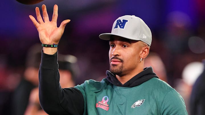 Feb 1, 2024; Orlando, FL, USA;  Philadelphia Eagles quarterback Jalen Hurts (1) participates in the NFL Pro Bowl Skills Competition at the UCF NIcholson Fieldhouse. Mandatory Credit: Nathan Ray Seebeck-USA TODAY Sports