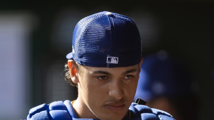 Los Angeles Dodgers catcher Diego Cartaya against the Cincinnati Reds during a spring training game at Camelback Ranch-Glendale in 2023.