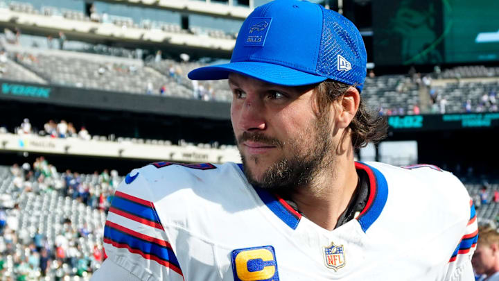 Buffalo Bills quarterback Josh Allen is shown after the game as he waits for an interview to begin.