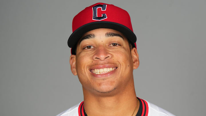 Cleveland Guardians infielder Juan Brito (74) poses for a photo during MLB Media Day at Cleveland Guardians Spring Training Facility in Goodyear, Ariz., on Feb. 20, 2025.