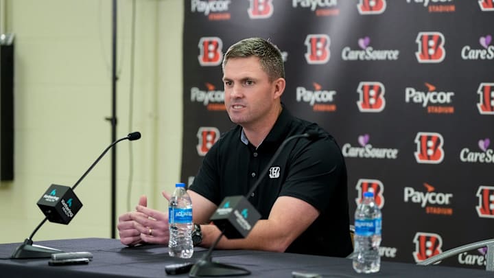 Cincinnati Bengals head coach Zac Taylor speaks during a press conference to announce the signing of new contracts for Cincinnati Bengals wide receivers Ja’Marr Chase and Tee Higgins at Paycor Stadium in downtown Cincinnati on Tuesday, March 18, 2025. Chase becomes the new highest-paid non-quarterback player in the NFL.