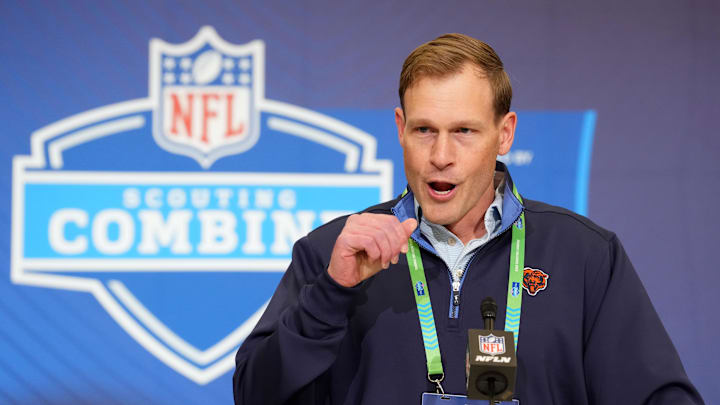 Feb 24, 2026; Indianapolis, IN, USA; Chicago Bears coach Ben Johnson speaks at the NFL Scouting Combine at the Indiana Convention Center. Mandatory Credit: Kirby Lee-Imagn Images