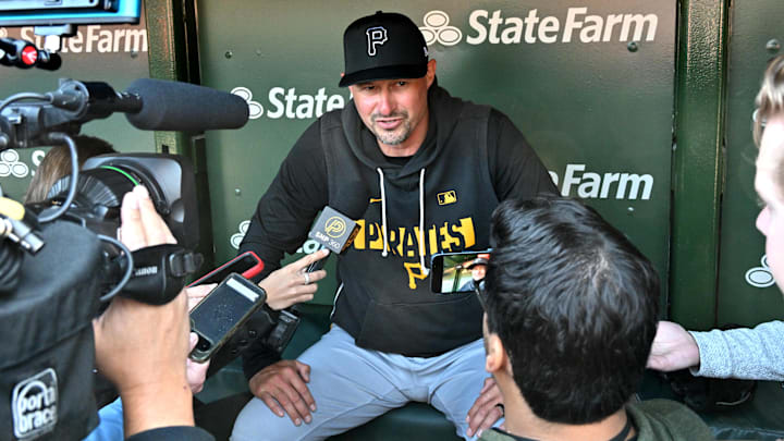 Apr 11, 2026; Chicago, Illinois, USA; Pittsburgh Pirates manager Don Kelly looks on while taking questions from the media prior to a game against the Chicago Cubs at Wrigley Field. Mandatory Credit: Patrick Gorski-Imagn Images