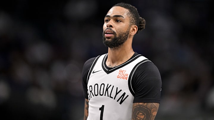 Mar 31, 2025; Dallas, Texas, USA; Brooklyn Nets guard D'Angelo Russell (1) during the game between the Dallas Mavericks and the Brooklyn Nets at the American Airlines Center. Mandatory Credit: Jerome Miron-Imagn Images Mar 31, 2025; Dallas, Texas, USA; Brooklyn Nets guard D'Angelo Russell (1) during the game between the Dallas Mavericks and the Brooklyn Nets at the American Airlines Center. Mandatory Credit: Jerome Miron-Imagn Images