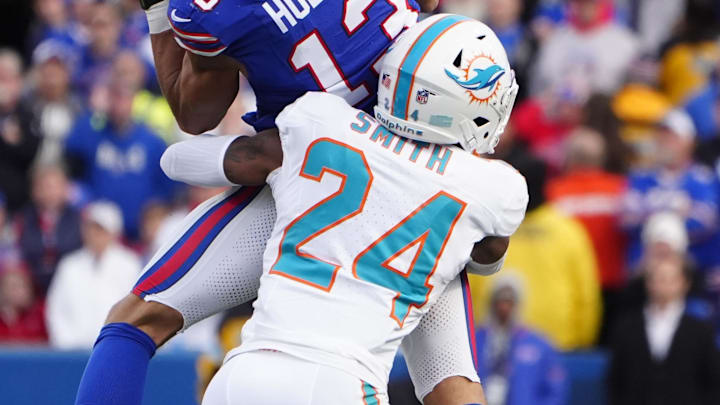 Buffalo Bills wide receiver Mack Hollins (13) makes a catch against Miami Dolphins cornerback Cam Smith (24) during the second half at Highmark Stadium in Week 9.