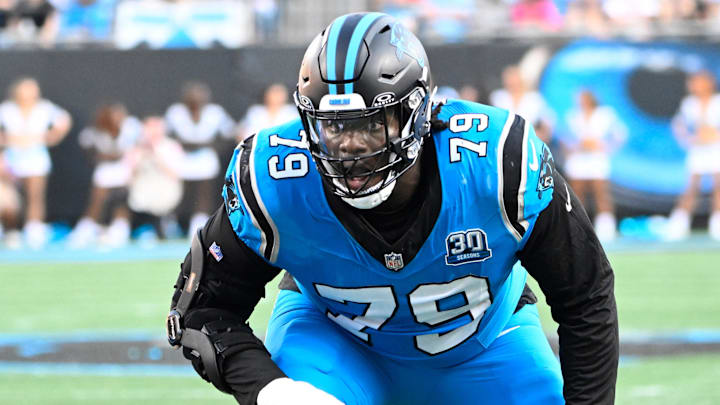 Oct 13, 2024; Charlotte, North Carolina, USA; Carolina Panthers offensive tackle Ikem Ekwonu (79) at the line of scrimmage in the second quarter at Bank of America Stadium. Mandatory Credit: Bob Donnan-Imagn Images