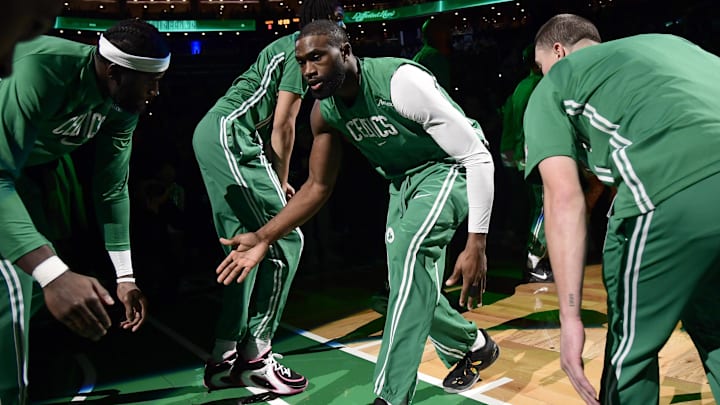 Dec 22, 2025; Boston, Massachusetts, USA; Boston Celtics guard Jaylen Brown (7) is introduced to the crowd prior to a game against the Indiana Pacers at TD Garden.