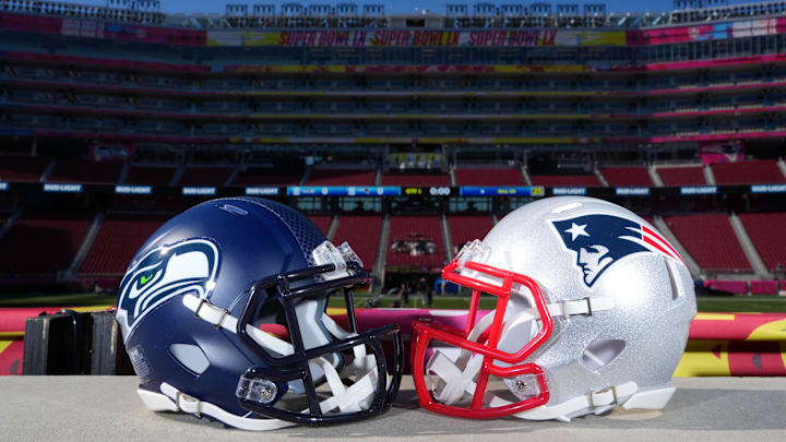 Feb 4, 2026; Santa Clara, CA, USA; Seattle Seahawks and New England Patriots helmets at Levi's Stadium.