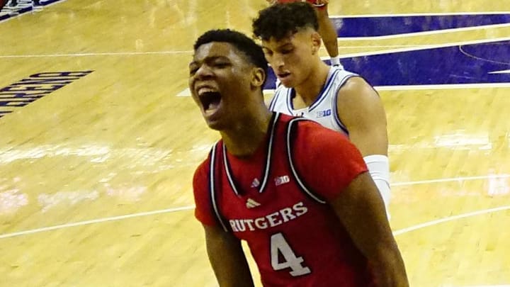 Jan 29, 2025; Evanston, Illinois, USA; Rutgers Scarlet Knights guard Ace Bailey (4) reacts after dunking the ball against the Northwestern Wildcats during the first half at Welsh-Ryan Arena. Mandatory Credit: David Banks-Imagn Images Jan 29, 2025; Evanston, Illinois, USA; Rutgers Scarlet Knights guard Ace Bailey (4) reacts after dunking the ball against the Northwestern Wildcats during the first half at Welsh-Ryan Arena. Mandatory Credit: David Banks-Imagn Images