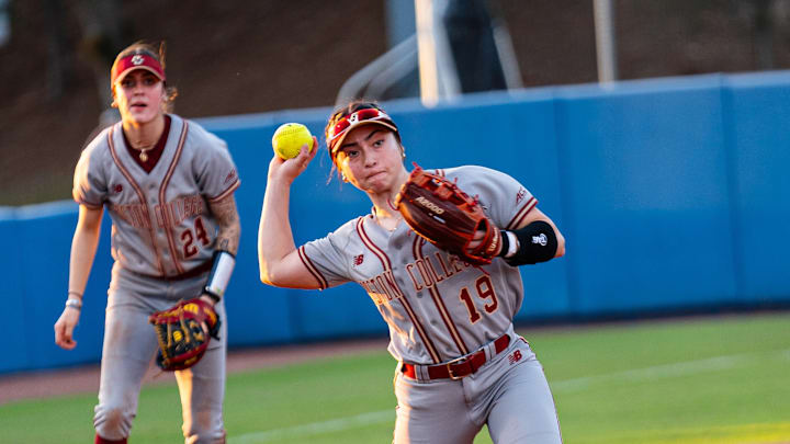 Boston College's Janis Espinoza prepares to throw the ball towards first base in Thursday's game against Florida Gulf Coast University. Boston College's Janis Espinoza prepares to throw the ball towards first base in Thursday's game against Florida Gulf Coast University.