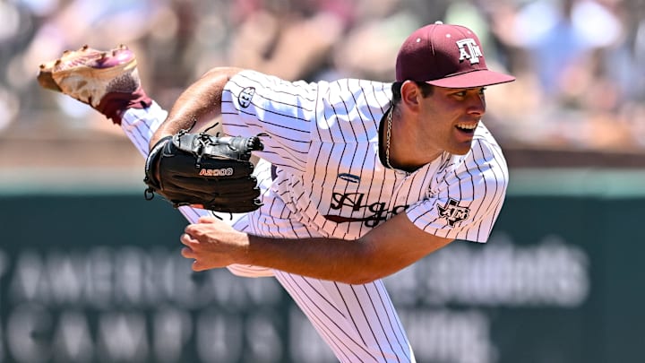 Texas A&M pitcher Ryan Prager (18) delivers a pitch during the first inning against the Oregon at Olsen Field, Blue Bell Park Texas A&M pitcher Ryan Prager (18) delivers a pitch during the first inning against the Oregon at Olsen Field, Blue Bell Park