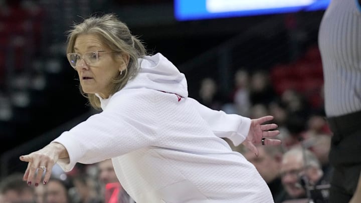 Wisconsin head coach Robin Pingeton is shown during the second half of their game Sunday, January 18, 2026 at the Kohl Center in Madison, Wisconsin. Wisconsin beat Oregon 96-94 in double overtime.