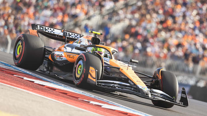 Oct 19, 2024; Austin, Texas, USA;  Lando Norris of McLaren during qualifying at the Formula One US Grand Prix at Circuit of the Americas. Mandatory Credit: Erich Schlegel-Imagn Images