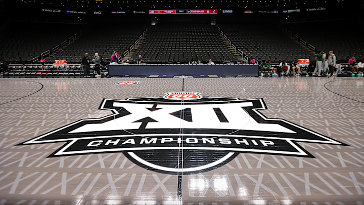 Mar 11, 2025; Kansas City, MO, USA; Big 12 logo center court prior to the game between the Cincinnati Bearcats and the Oklahoma State Cowboys at T-Mobile Center. Mandatory Credit: William Purnell-Imagn Images