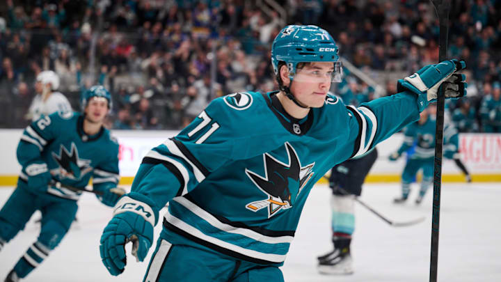 Nov 29, 2024; San Jose, California, USA; San Jose Sharks center Macklin Celebrini (71) reacts after scoring a goal against the Seattle Kraken during the second period at SAP Center at San Jose. Mandatory Credit: Robert Edwards-Imagn Images