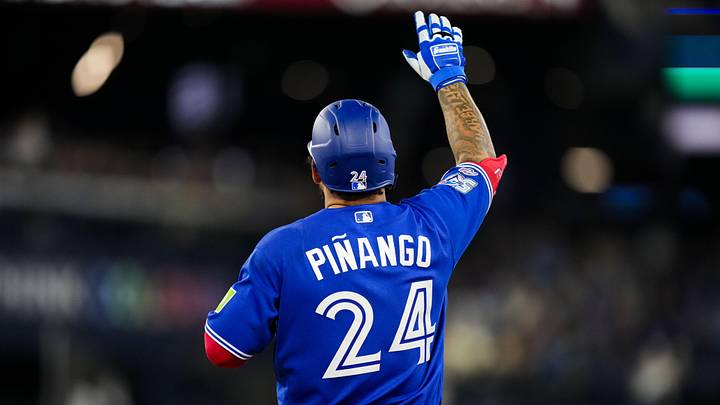 Apr 26, 2026; Toronto, Ontario, CAN; Toronto Blue Jays left fielder Yohendrick Pinango (24) celebrates hitting his first single against the Cleveland Guardians during the fifth inning at Rogers Centre. ]
