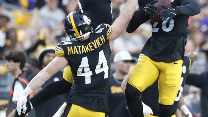 Aug 17, 2024; Pittsburgh, Pennsylvania, USA;  Pittsburgh Steelers safety Miles Killebrew (28) celebrates his interception with linebacker Tyler Matakevich (44) and linebacker Patrick Queen (middle)against the Buffalo Bills during the second quarter at Acrisure Stadium. Mandatory Credit: Charles LeClaire-Imagn Images