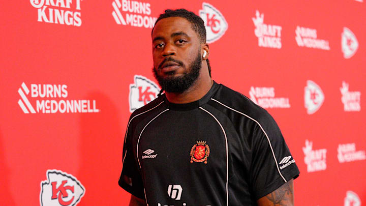 Sep 14, 2025; Kansas City, Missouri, USA; Kansas City Chiefs defensive end Mike Danna (51) arrives prior to the game against the Philadelphia Eagles at GEHA Field at Arrowhead Stadium. Mandatory Credit: Jay Biggerstaff-Imagn Images
