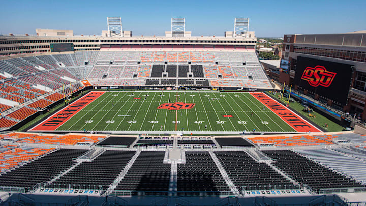 Oct 5, 2024; Stillwater, Oklahoma, USA; An overall view of Boone Pickens Stadium before a game between the Oklahoma State Cowboys and the West Virginia Mountaineers. Mandatory Credit: William Purnell-Imagn Images