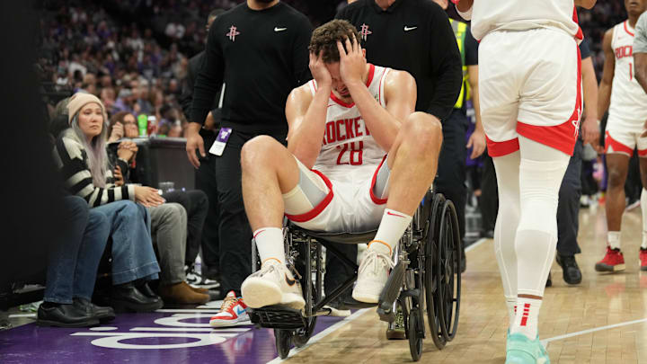 Mar 10, 2024; Sacramento, California, USA; Houston Rockets center Alperen Sengun (28) is wheeled off