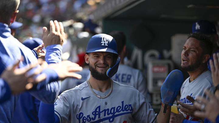 May 3, 2026; St. Louis, Missouri, USA; Los Angeles Dodgers center fielder Andy Pages (44) is congratulated after scoring a run against the St. Louis Cardinals in the ninth inning at Busch Stadium. Mandatory Credit: Joe Puetz-Imagn Images