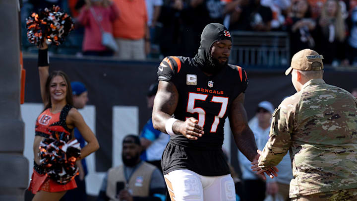 Cincinnati Bengals linebacker Germaine Pratt (57) enters the field before the NFL game between the Cincinnati Bengals and the Las Vegas Raiders at Paycor Stadium in Cincinnati on Sunday, Nov. 3, 2024. Cincinnati Bengals linebacker Germaine Pratt (57) enters the field before the NFL game between the Cincinnati Bengals and the Las Vegas Raiders at Paycor Stadium in Cincinnati on Sunday, Nov. 3, 2024.