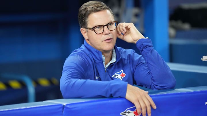 Jun 28, 2023; Toronto, Ontario, CAN; Toronto Blue Jays general manager Ross Atkins talks with the media during batting practice  against the San Francisco Giants at Rogers Centre