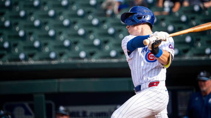 Iowa Cubs 3rd baseman Matt Shaw swings the bat at a pitch on Thursday, Aug. 15, 2024, at Principal Park. Iowa Cubs 3rd baseman Matt Shaw swings the bat at a pitch on Thursday, Aug. 15, 2024, at Principal Park.