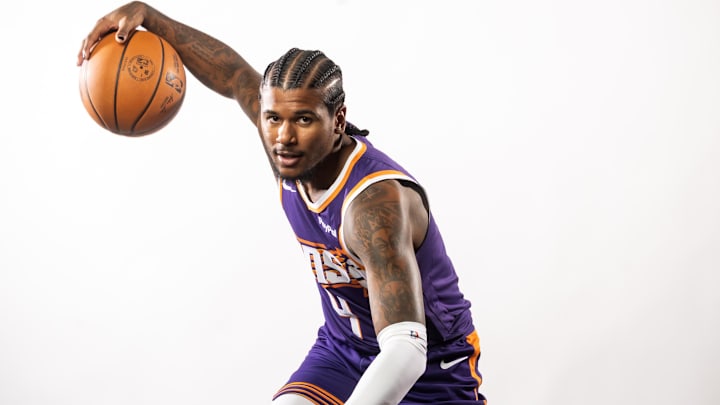 Sep 24, 2025; Phoenix, AZ, USA; Phoenix Suns guard Jalen Green (4) poses for portrait during Media Day at PHX Arena. Mandatory Credit: Mark J. Rebilas-Imagn Images