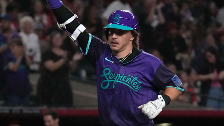 Jun 27, 2025; Phoenix, Arizona, USA; Arizona Diamondbacks outfielder Jake McCarthy (31) reacts after hitting a solo home run against the Miami Marlins in the fifth inning at Chase Field. Mandatory Credit: Rick Scuteri-Imagn Images