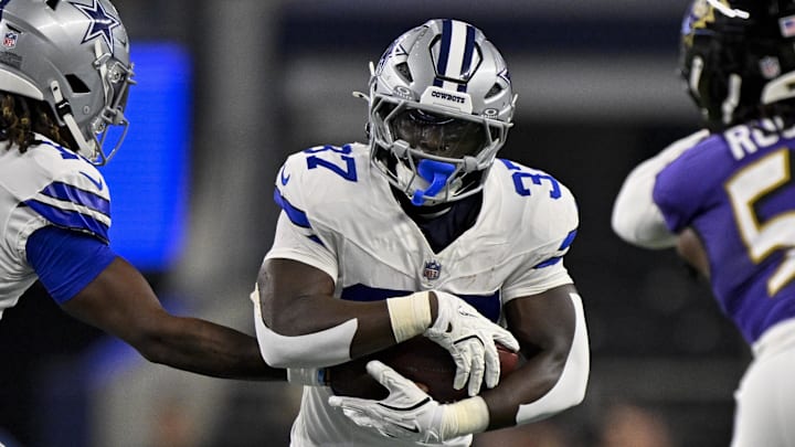 Dallas Cowboys running back Phil Mafah runs with the ball during the NFL preseason finale against the Baltimore Ravens 