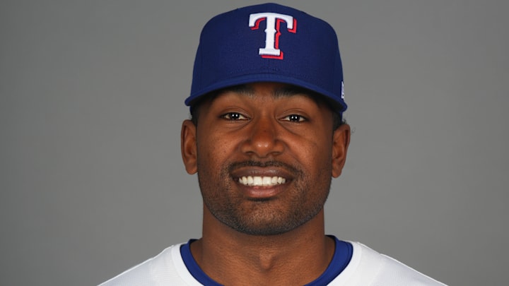 Feb 19, 2025; Surprise, AZ, USA; Texas Rangers pitcher Kumar Rocker (80) poses for a photo during Media Day at Surprise Stadium. 