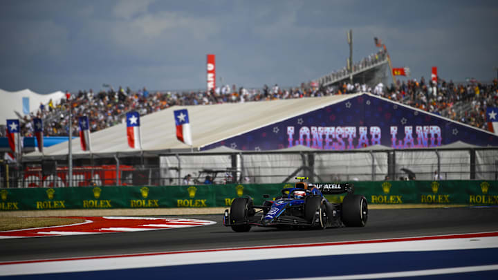 Oct 23, 2022; Austin, Texas, USA; Williams Racing driver Nicholas Latifi (6) of Team Canada during the running of the U.S. Grand Prix F1 race at Circuit of the Americas. Mandatory Credit: Jerome Miron-Imagn Images