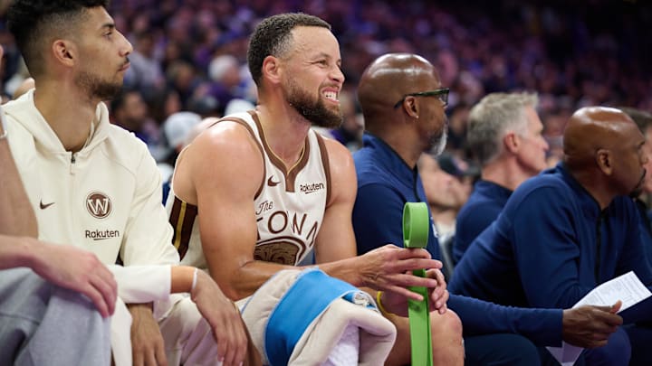 Apr 10, 2026; Sacramento, California, USA; Golden State Warriors guard Stephen Curry (30) reacts on the bench against the Sacramento Kings during the second quarter at Golden 1 Center. Mandatory Credit: Robert Edwards-Imagn Images