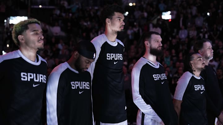 Dec 31, 2024; San Antonio, Texas, USA; San Antonio Spurs center Victor Wembanyama (1) looks up before the game against the LA Clippers at Frost Bank Center.