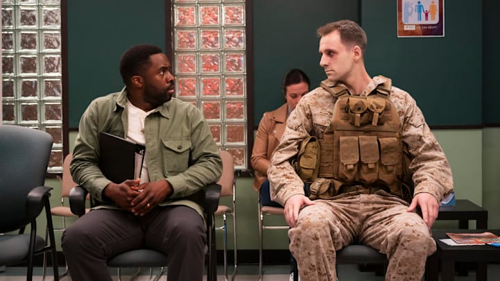 BRILLIANT MINDS -- "The Haunted Marine" Episode 105 -- Pictured: (l-r) Joshua Echebiri as Steve Hill, Theo Vandergraaf as Aiden (Ghost) 