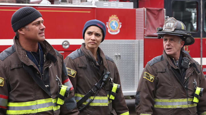 CHICAGO FIRE -- "All the Dark" Episode 12008 -- Pictured: (l-r) Taylor Kinney as Kelly Severide, Miranda Rae Mayo as Stella Kidd, David Eigenberg as Christopher Herrmann -- (Photo by: Adrian S Burrows Sr/NBC)