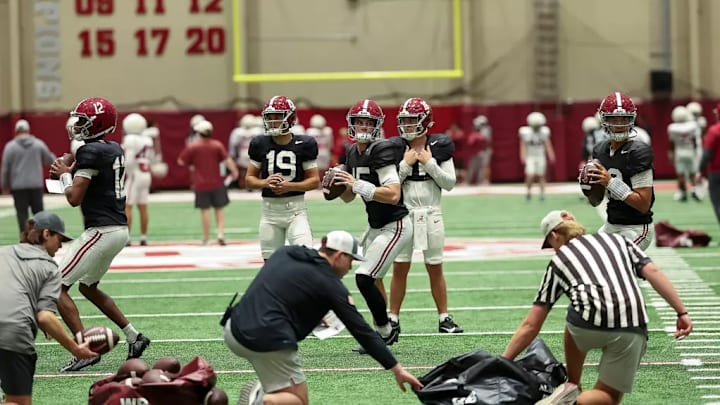 Alabama quarterbacks during practice on March 31. Alabama quarterbacks during practice on March 31.